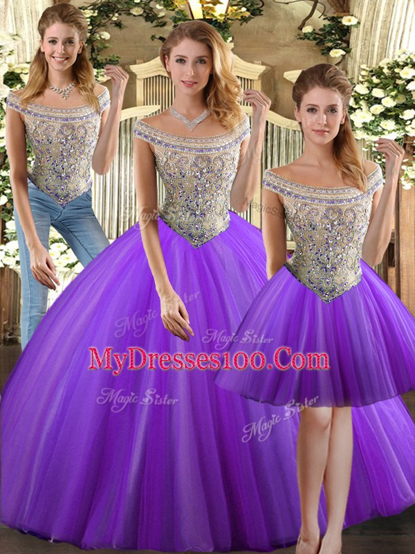 Eggplant Purple Bateau Lace Up Beading Sweet 16 Dresses Sleeveless