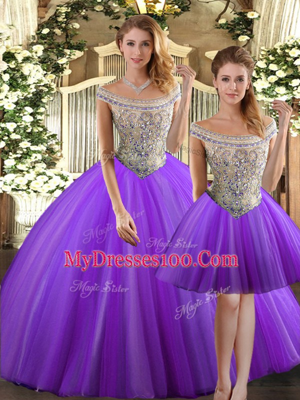 Eggplant Purple Bateau Lace Up Beading Sweet 16 Dresses Sleeveless