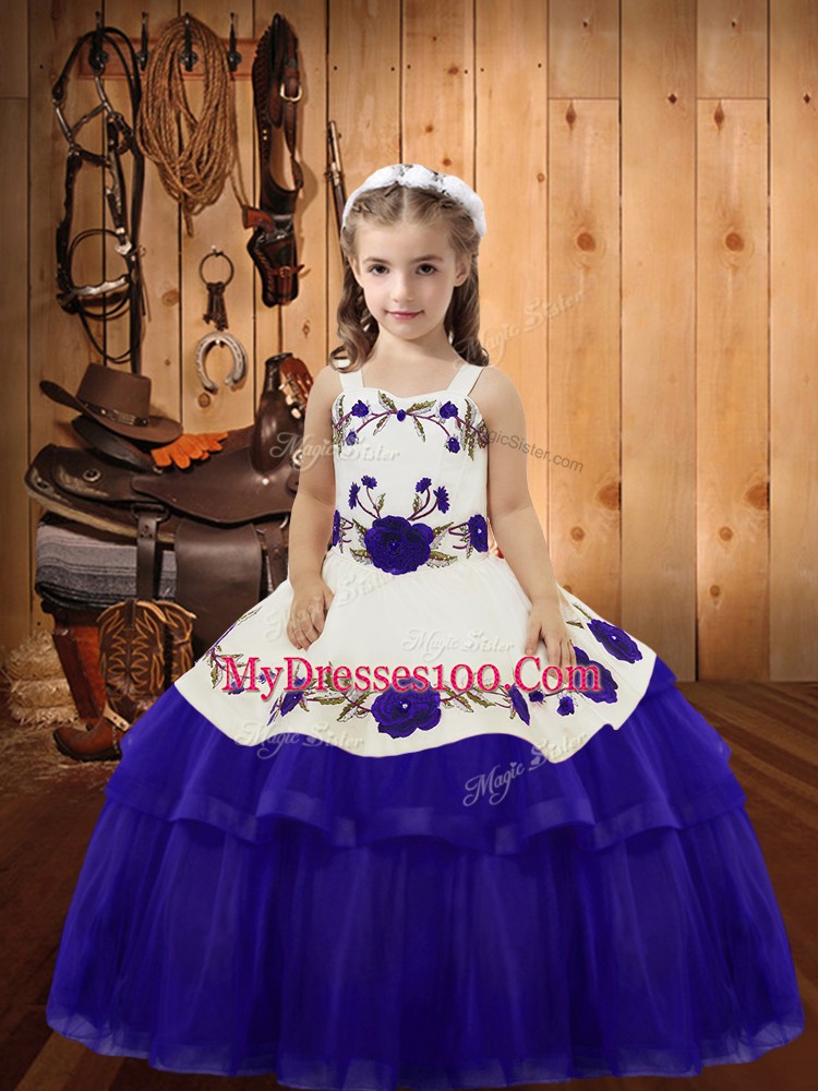 Straps Sleeveless Organza Pageant Gowns For Girls Embroidery and Ruffled Layers Lace Up