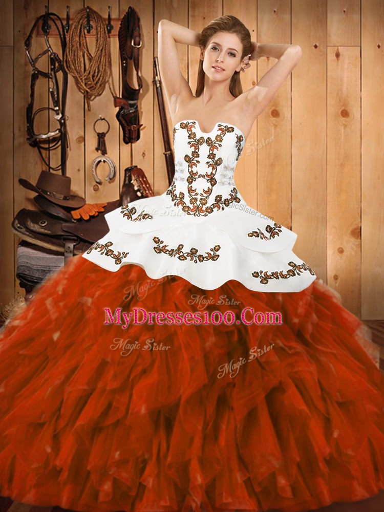 Flirting Sleeveless Satin and Organza Floor Length Lace Up Quinceanera Gowns in Rust Red with Embroidery and Ruffles