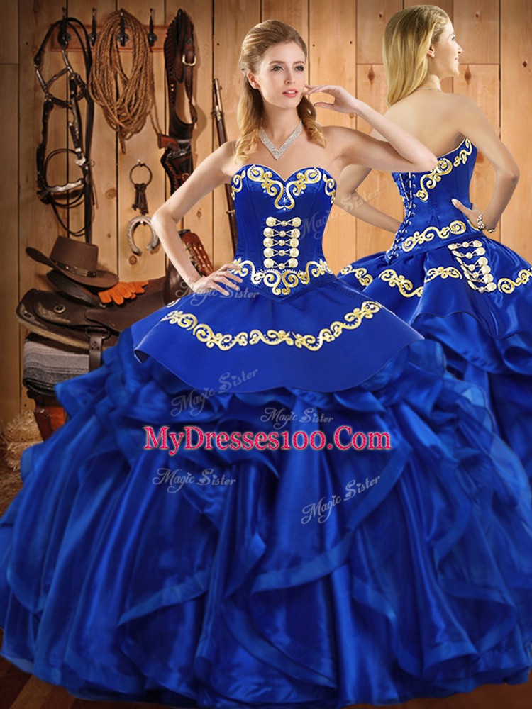 Embroidery and Ruffles Sweet 16 Dress Royal Blue Lace Up Sleeveless Floor Length