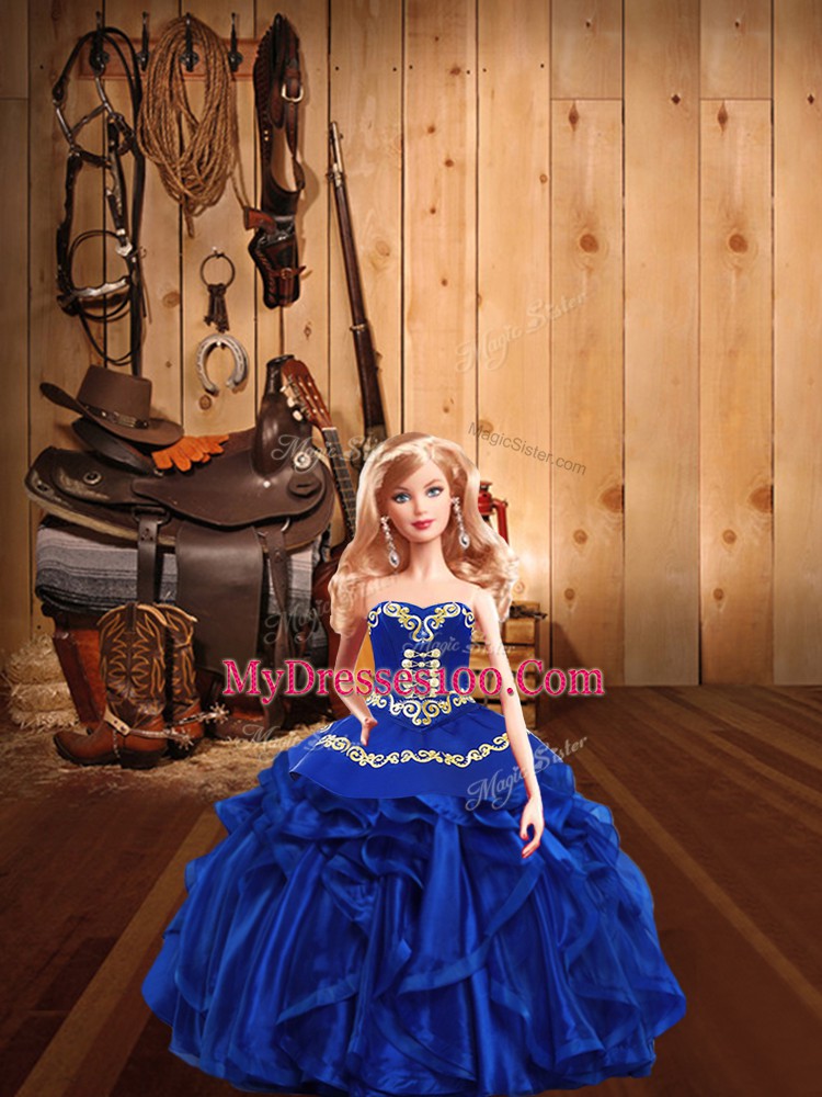 Embroidery and Ruffles Sweet 16 Dress Royal Blue Lace Up Sleeveless Floor Length