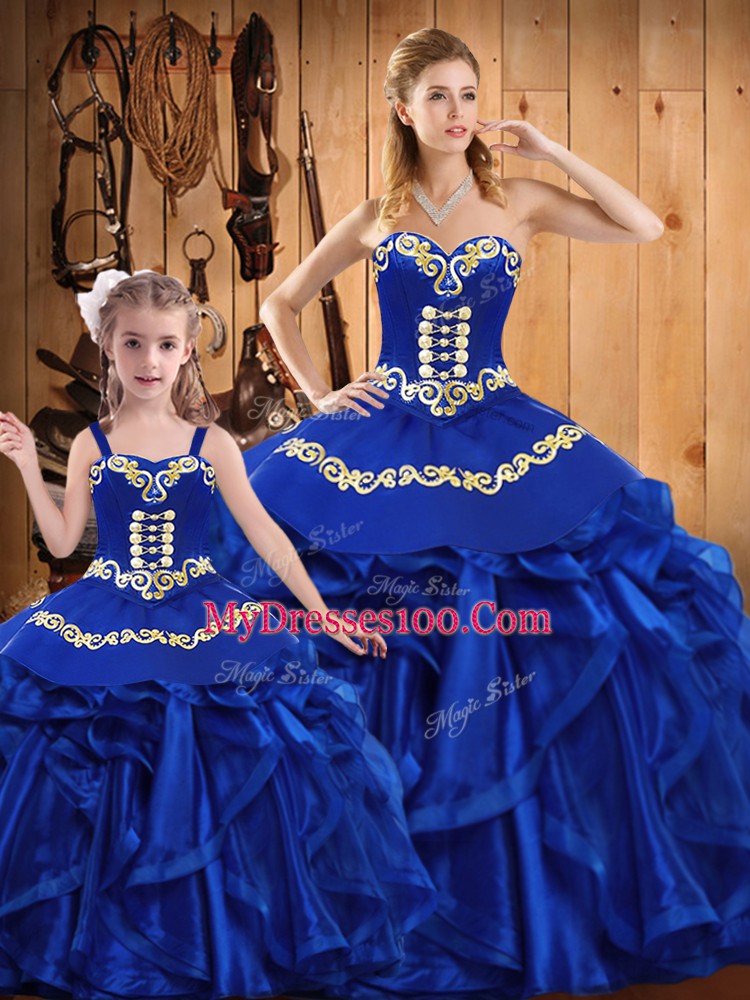 Embroidery and Ruffles Sweet 16 Dress Royal Blue Lace Up Sleeveless Floor Length