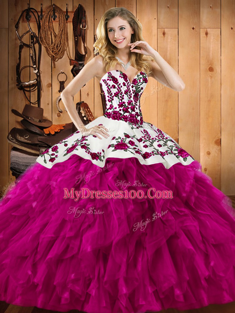 Sleeveless Floor Length Embroidery and Ruffles Lace Up Quince Ball Gowns with Fuchsia