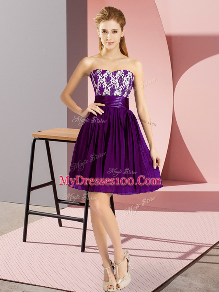 Mini Length Purple Prom Dresses Chiffon Sleeveless Lace