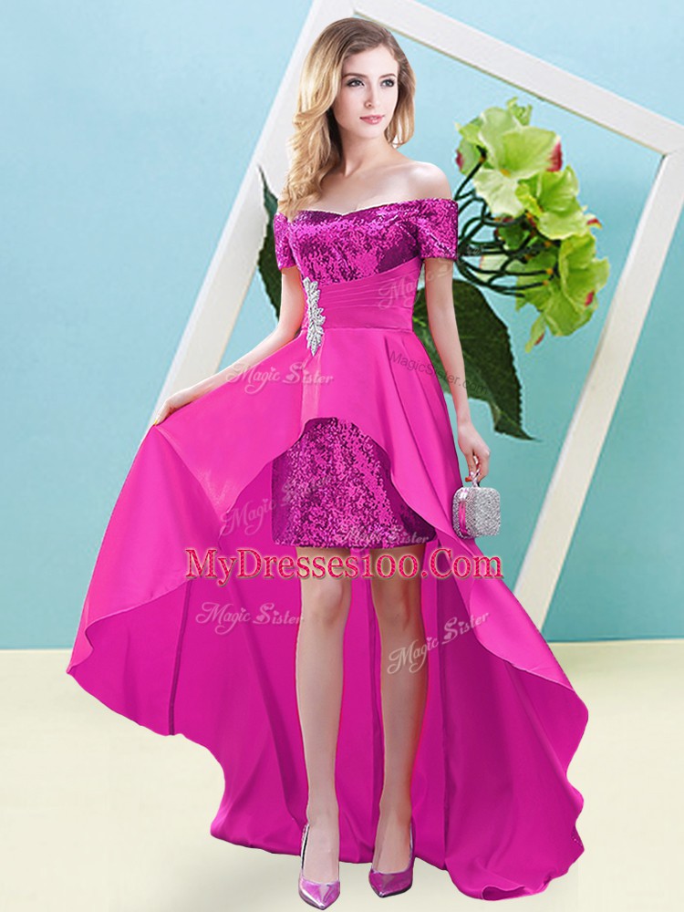 Elastic Woven Satin and Sequined Off The Shoulder Short Sleeves Lace Up Beading Dress for Prom in Fuchsia