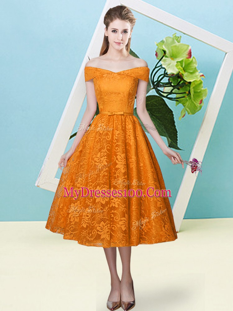 Cap Sleeves Lace Up Tea Length Bowknot Wedding Party Dress