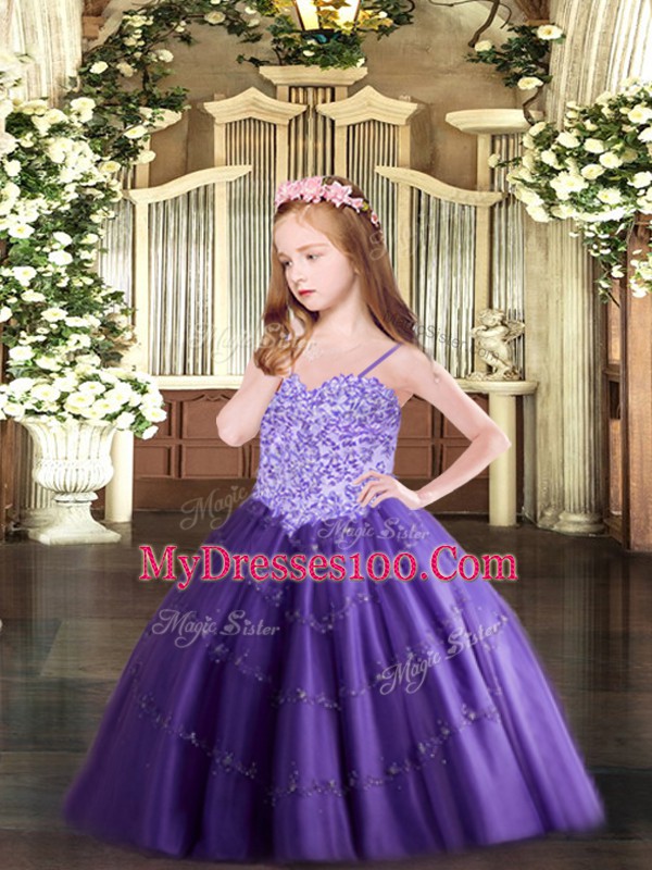 Low Price Spaghetti Straps Sleeveless Tulle Little Girls Pageant Dress Appliques Lace Up