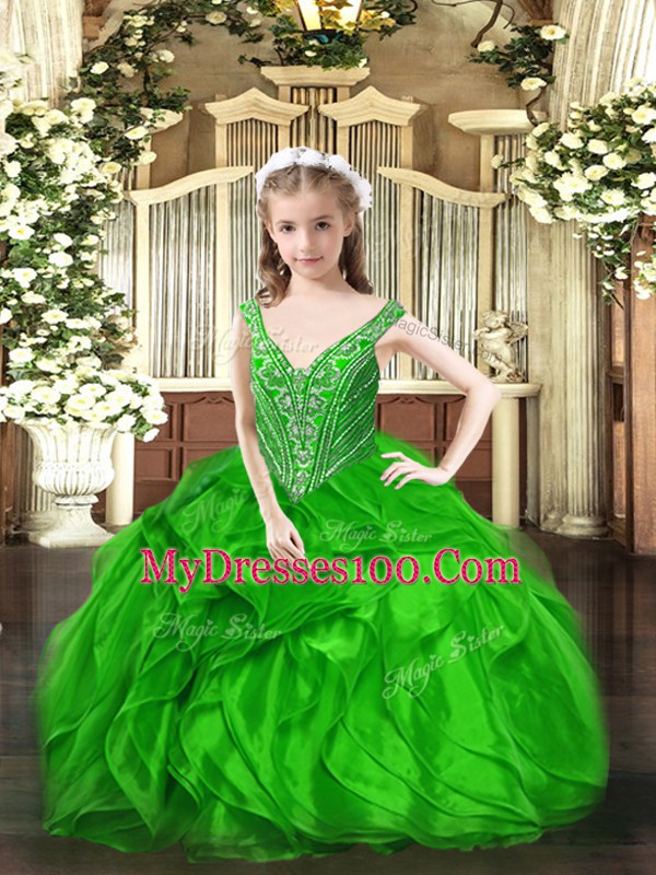 Green Ball Gowns V-neck Sleeveless Organza Floor Length Lace Up Beading and Ruffles Little Girl Pageant Gowns