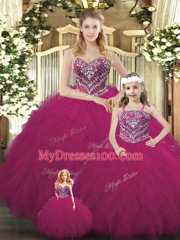 Custom Fit Fuchsia Organza Lace Up Quinceanera Gowns Sleeveless Floor Length Beading and Ruffles