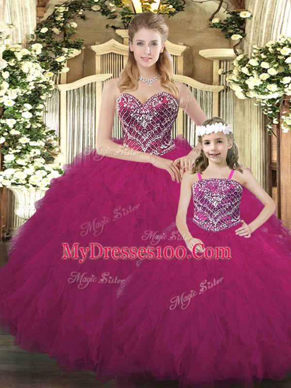 Custom Fit Fuchsia Organza Lace Up Quinceanera Gowns Sleeveless Floor Length Beading and Ruffles