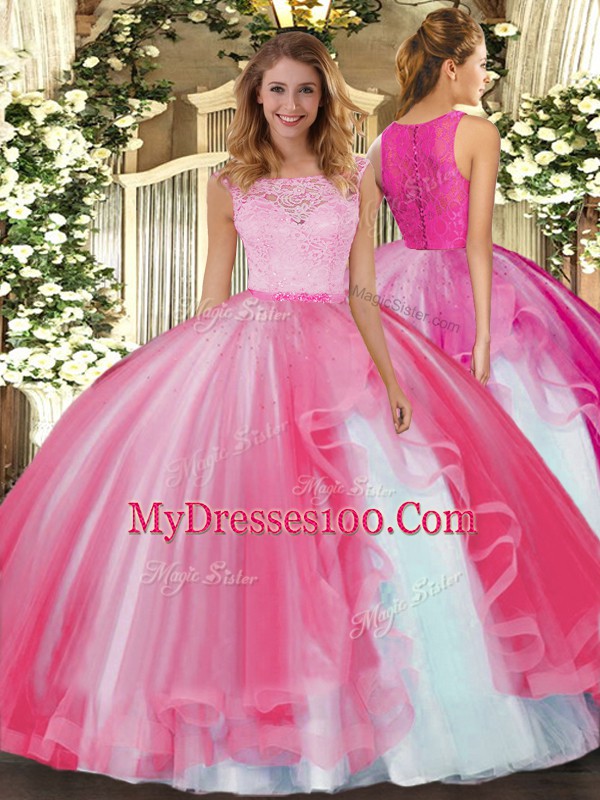 Noble Sleeveless Floor Length Lace and Ruffles Clasp Handle Quinceanera Dress with Hot Pink