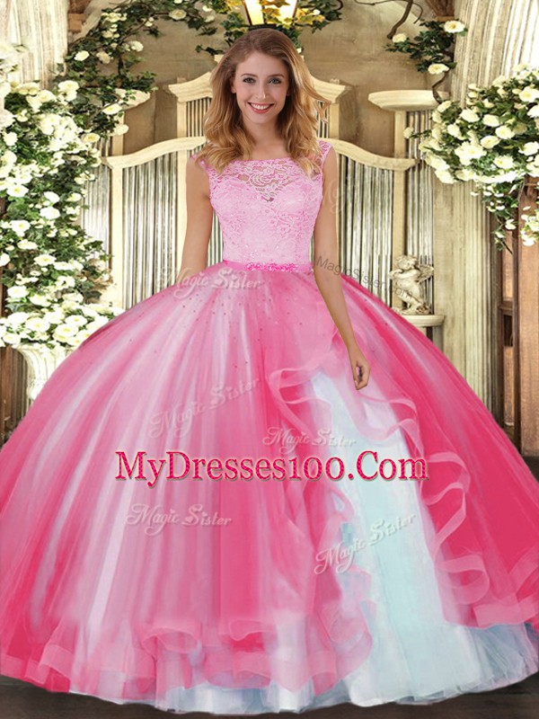 Noble Sleeveless Floor Length Lace and Ruffles Clasp Handle Quinceanera Dress with Hot Pink