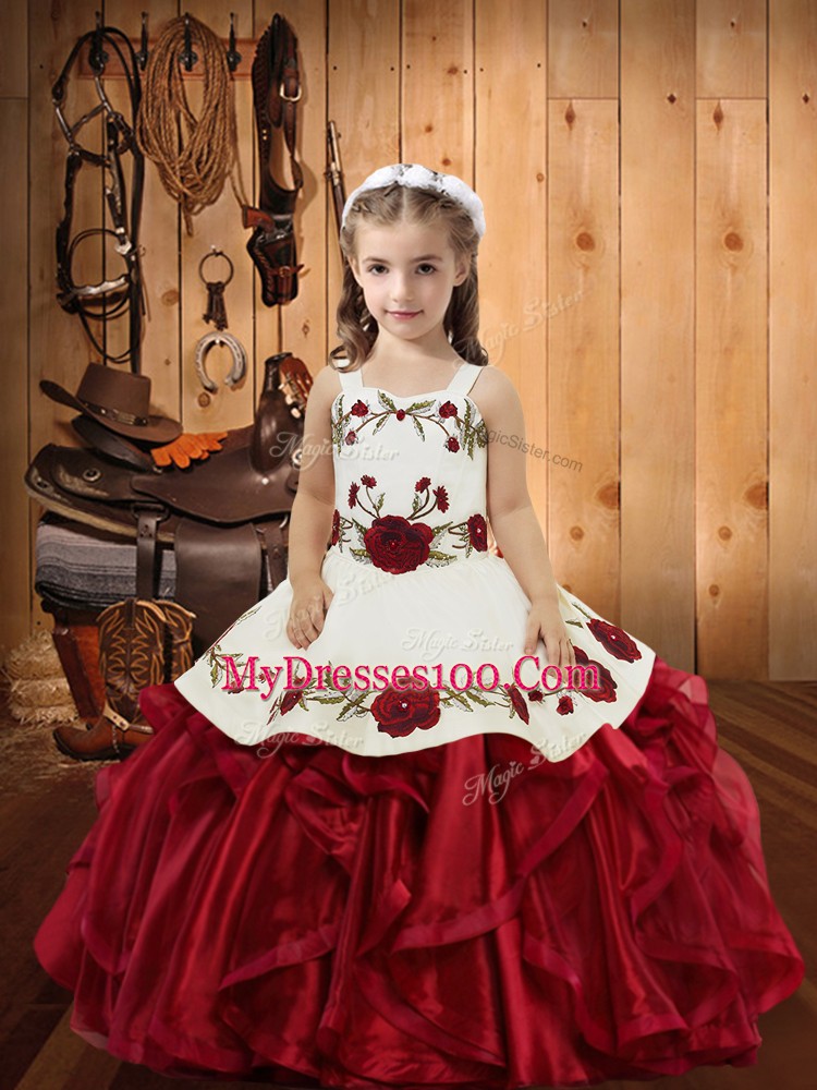 On Sale Sleeveless Floor Length Embroidery and Ruffles Lace Up Little Girls Pageant Dress with Wine Red