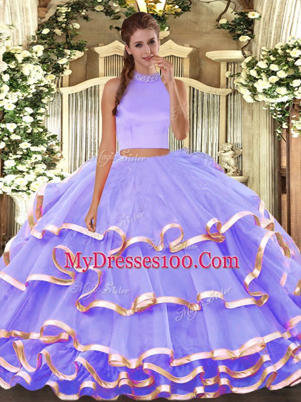 Decent Lavender Halter Top Neckline Beading and Ruffled Layers Sweet 16 Dresses Sleeveless Backless