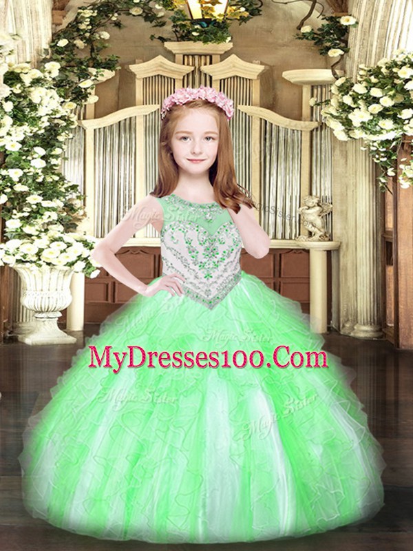 Fantastic Apple Green Scoop Zipper Beading and Ruffles Kids Formal Wear Sleeveless
