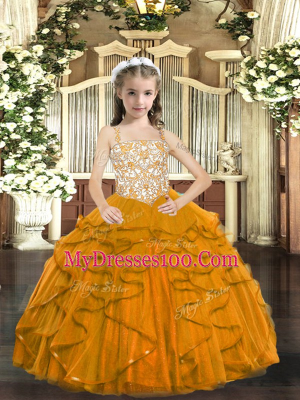 Orange Ball Gowns Tulle Straps Sleeveless Beading and Ruffles Floor Length Lace Up Child Pageant Dress