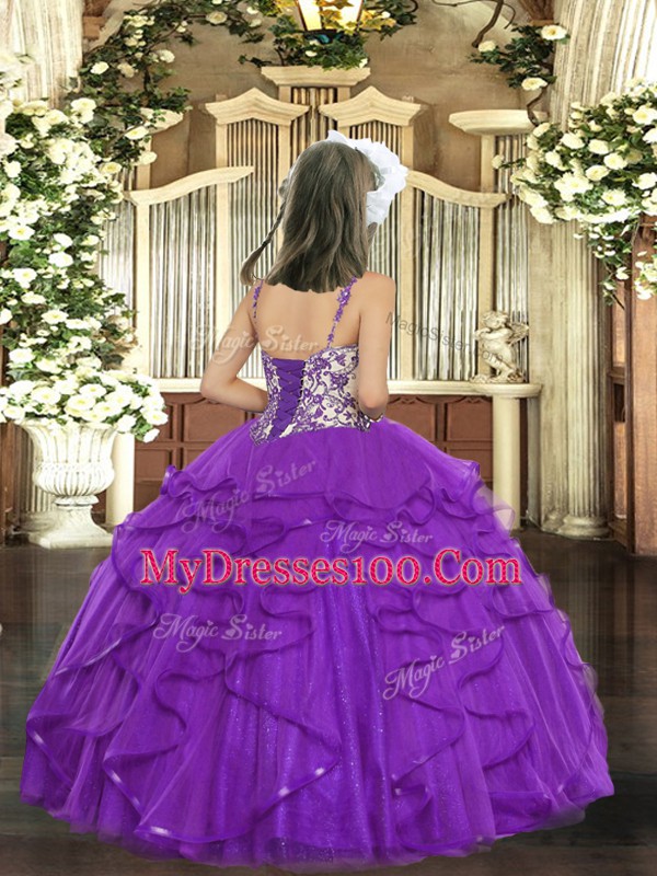 Orange Ball Gowns Tulle Straps Sleeveless Beading and Ruffles Floor Length Lace Up Child Pageant Dress