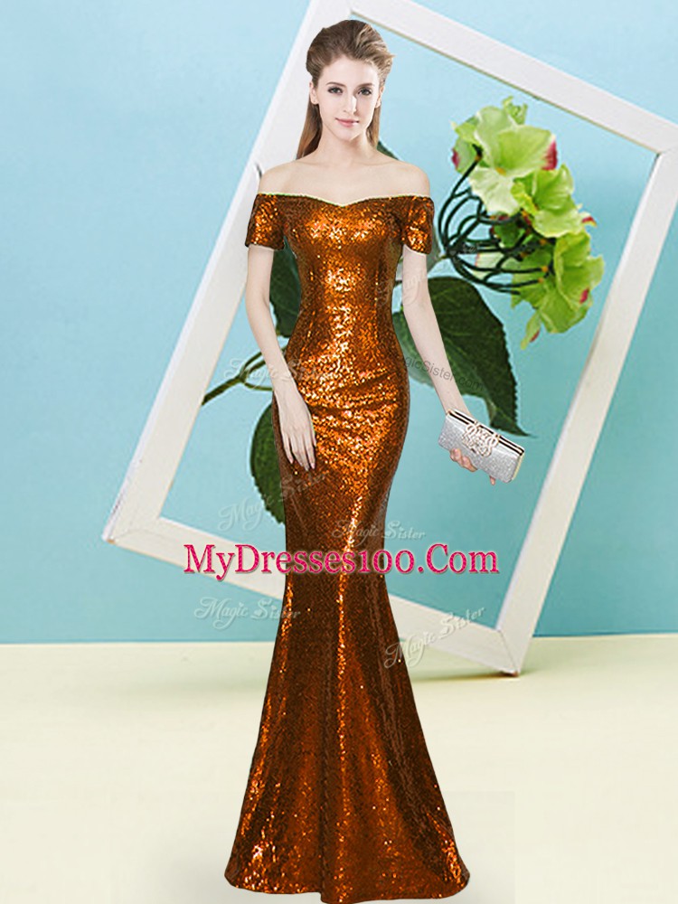 Short Sleeves Sequined Floor Length Zipper Prom Evening Gown in Rust Red with Sequins