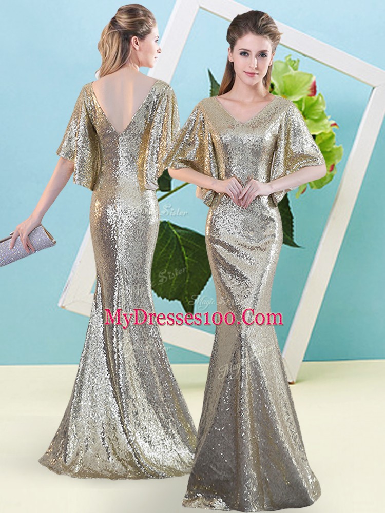 Top Selling Half Sleeves Zipper Floor Length Sequins Prom Dresses