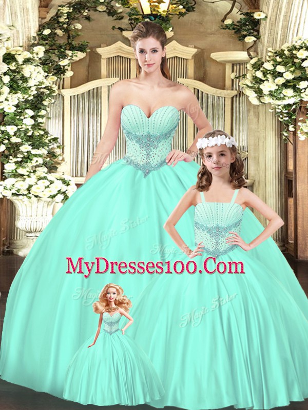 Delicate Floor Length Ball Gowns Sleeveless Aqua Blue Quinceanera Gowns Lace Up