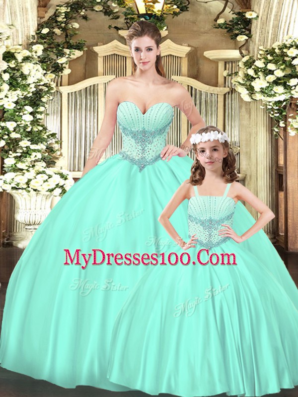 Delicate Floor Length Ball Gowns Sleeveless Aqua Blue Quinceanera Gowns Lace Up