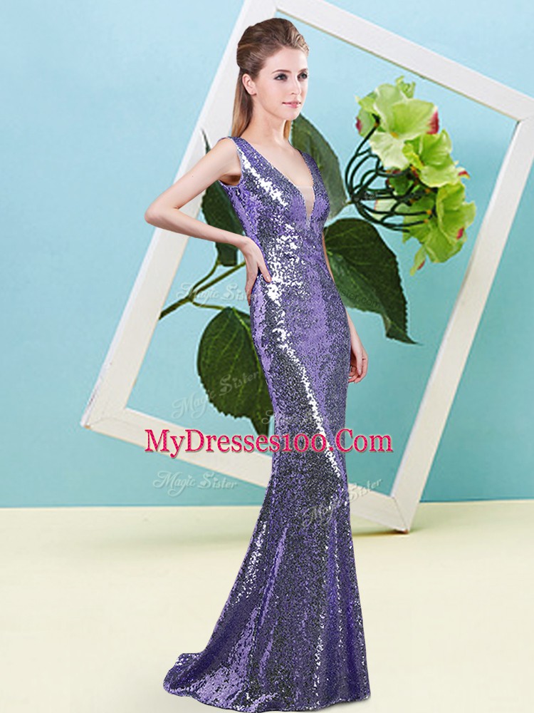 Admirable V-neck Sleeveless Zipper Prom Dresses Purple Sequined