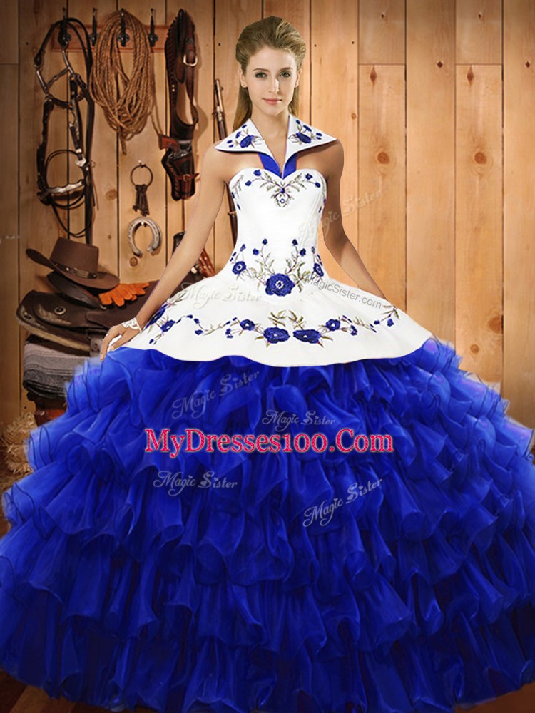 Royal Blue Lace Up Quinceanera Gowns Embroidery and Ruffled Layers Sleeveless Floor Length