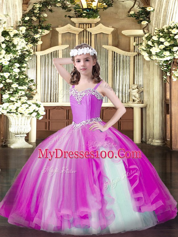 Sleeveless Lace Up Floor Length Beading Little Girls Pageant Gowns