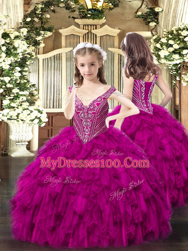 Superior Floor Length Fuchsia Little Girl Pageant Dress V-neck Sleeveless Lace Up