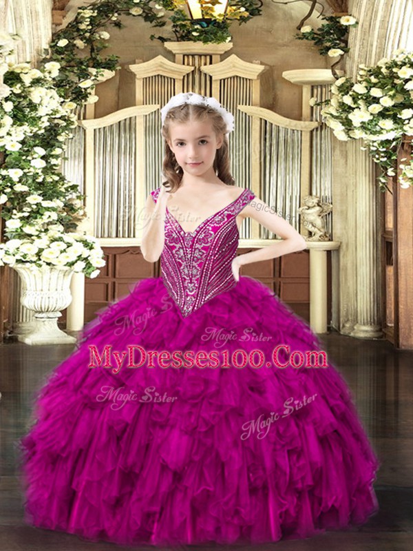 Superior Floor Length Fuchsia Little Girl Pageant Dress V-neck Sleeveless Lace Up