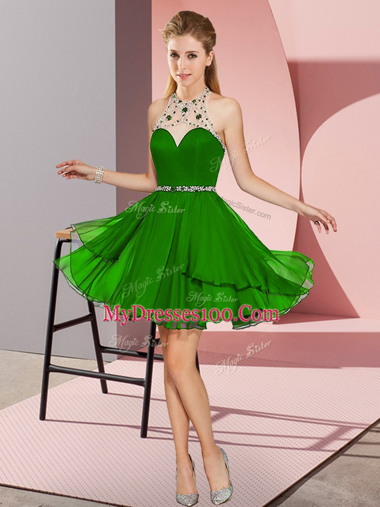 Perfect Green Zipper Halter Top Beading Prom Party Dress Chiffon Sleeveless