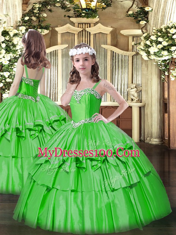 Sleeveless Organza Floor Length Lace Up Quinceanera Gown in Green with Beading and Ruffled Layers
