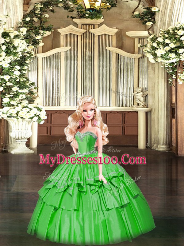 Sleeveless Organza Floor Length Lace Up Quinceanera Gown in Green with Beading and Ruffled Layers