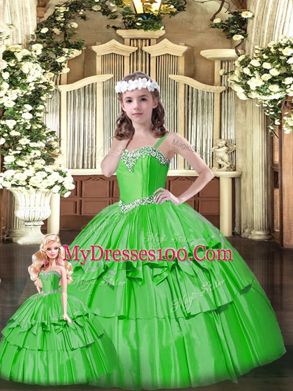 Sleeveless Organza Floor Length Lace Up Quinceanera Gown in Green with Beading and Ruffled Layers