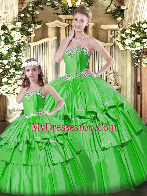 Sleeveless Organza Floor Length Lace Up Quinceanera Gown in Green with Beading and Ruffled Layers