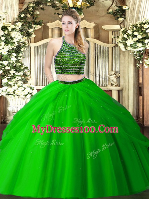 Green Tulle Zipper Vestidos de Quinceanera Sleeveless Floor Length Beading and Ruching