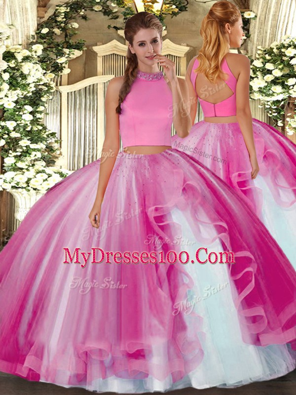 Hot Pink Tulle Backless Halter Top Sleeveless Floor Length Sweet 16 Quinceanera Dress Beading and Ruffles