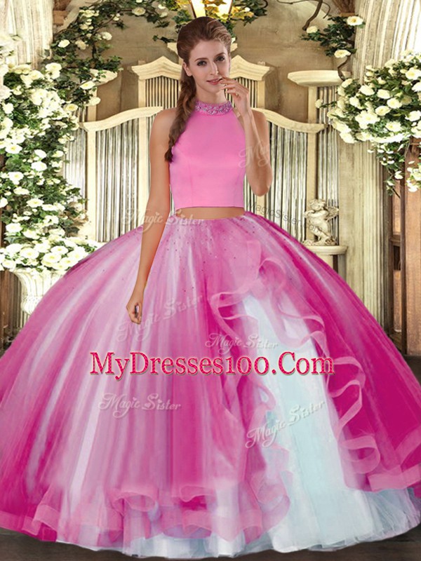 Hot Pink Tulle Backless Halter Top Sleeveless Floor Length Sweet 16 Quinceanera Dress Beading and Ruffles