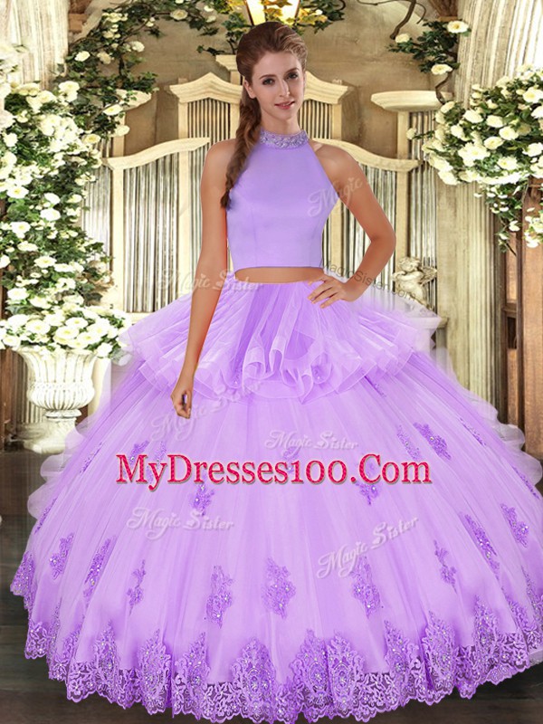 Sleeveless Tulle Floor Length Backless Quinceanera Gown in Lavender with Beading and Appliques and Ruffles