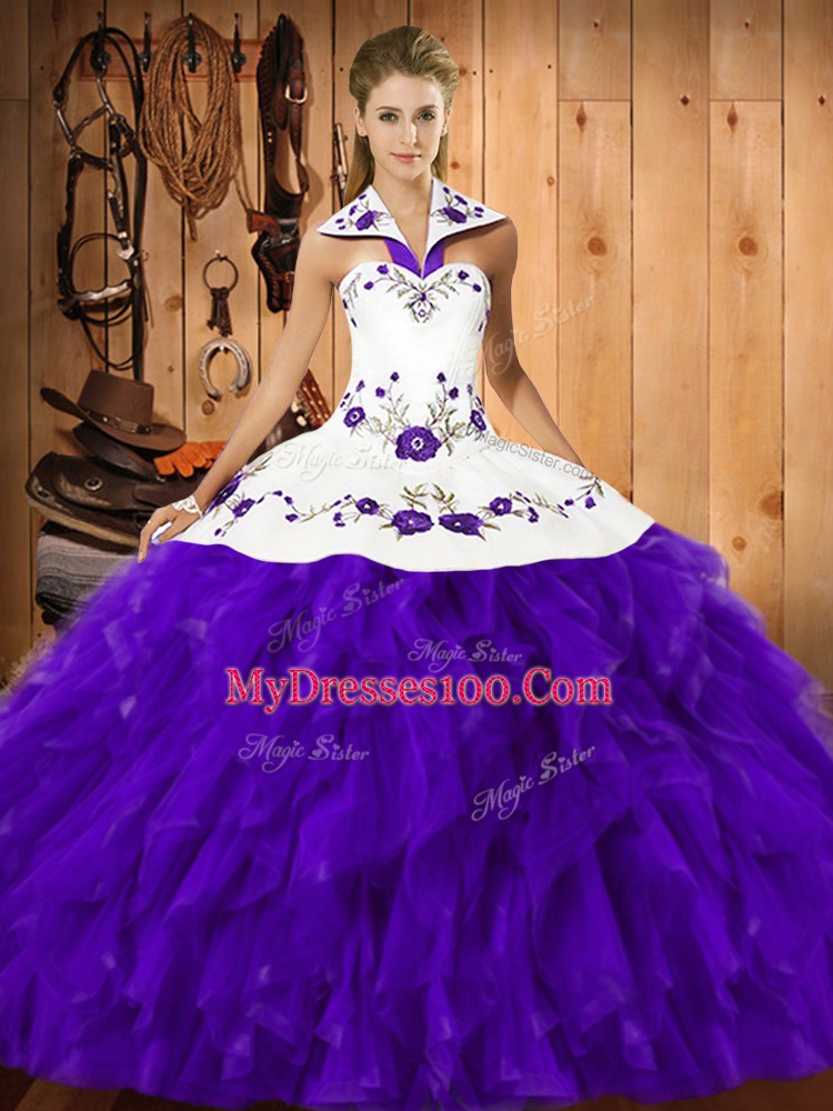 Designer Purple Sleeveless Floor Length Embroidery and Ruffles Lace Up 15 Quinceanera Dress