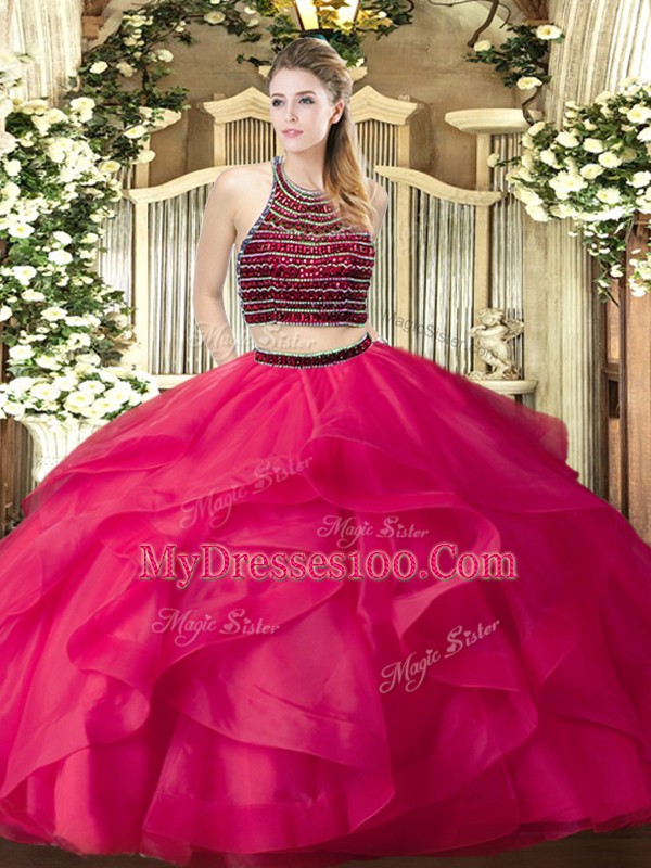 Organza Sleeveless Floor Length Ball Gown Prom Dress and Beading and Ruffles
