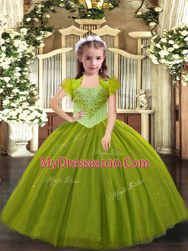 Fancy Olive Green Straps Neckline Beading Child Pageant Dress Sleeveless Lace Up