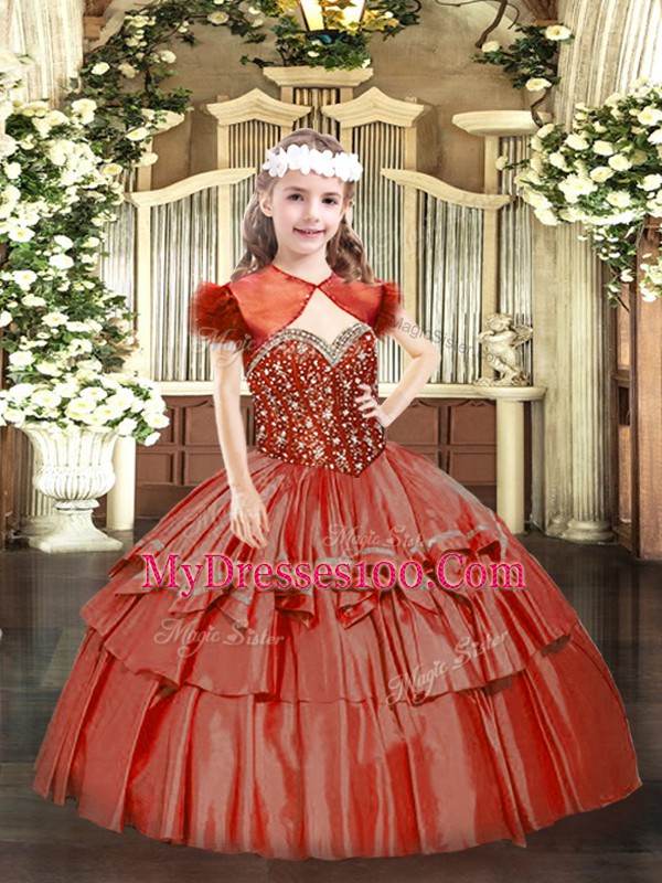 Custom Designed Coral Red Sleeveless Beading and Ruffled Layers Floor Length Little Girl Pageant Gowns