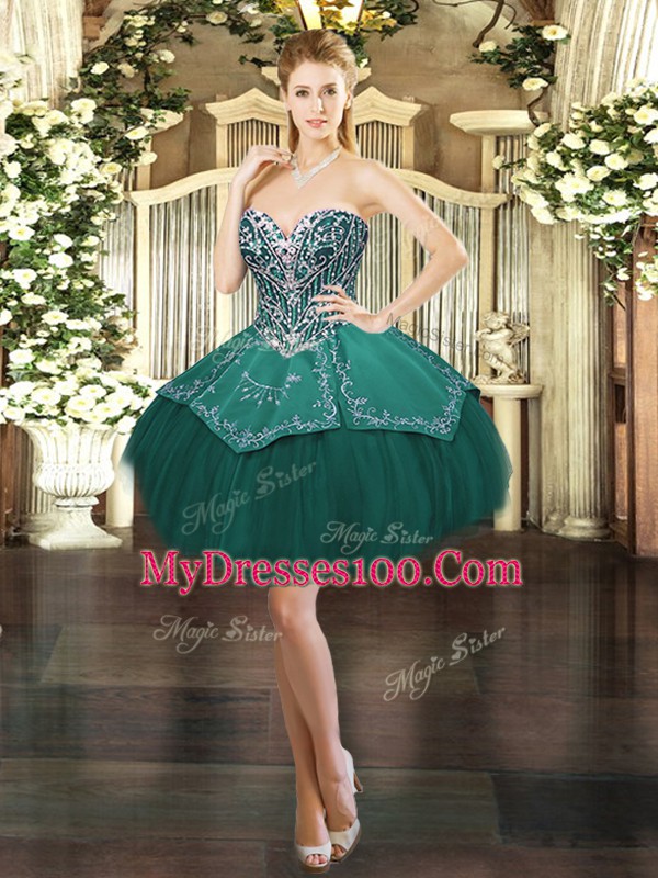 Fantastic Dark Green Sleeveless Mini Length Beading and Embroidery Lace Up Party Dress for Girls
