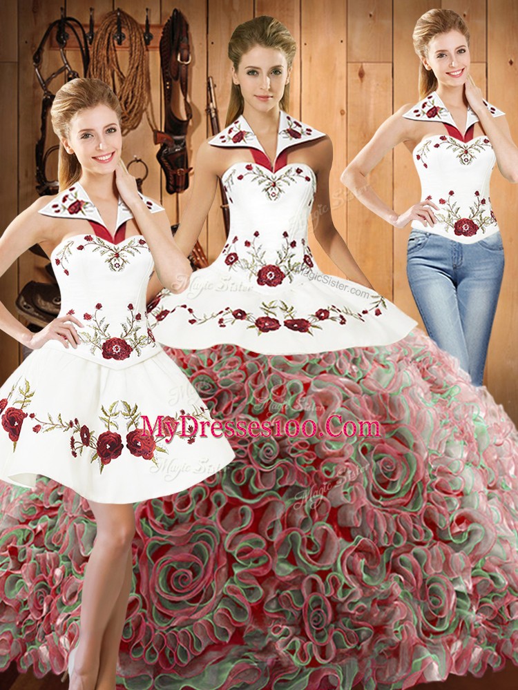 Gorgeous Multi-color Sleeveless Fabric With Rolling Flowers Sweep Train Lace Up Ball Gown Prom Dress for Military Ball and Sweet 16 and Quinceanera