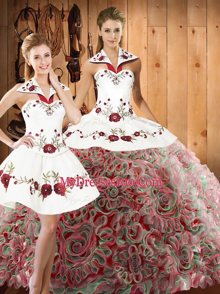 Gorgeous Multi-color Sleeveless Fabric With Rolling Flowers Sweep Train Lace Up Ball Gown Prom Dress for Military Ball and Sweet 16 and Quinceanera
