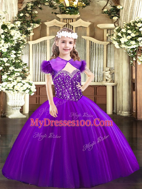 Purple Sleeveless Beading Floor Length Kids Formal Wear