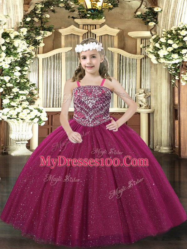 Fuchsia Sleeveless Tulle Lace Up Little Girls Pageant Dress for Party and Quinceanera