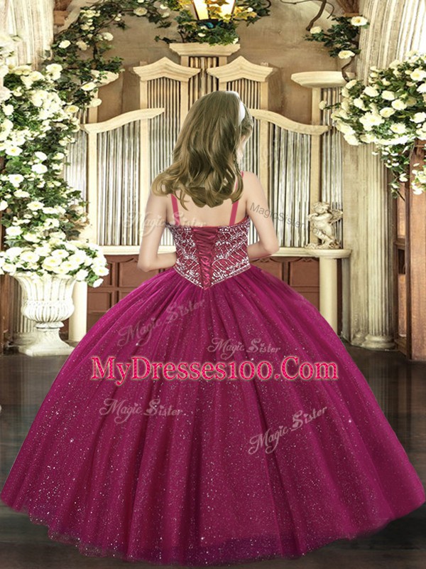 Fuchsia Sleeveless Tulle Lace Up Little Girls Pageant Dress for Party and Quinceanera